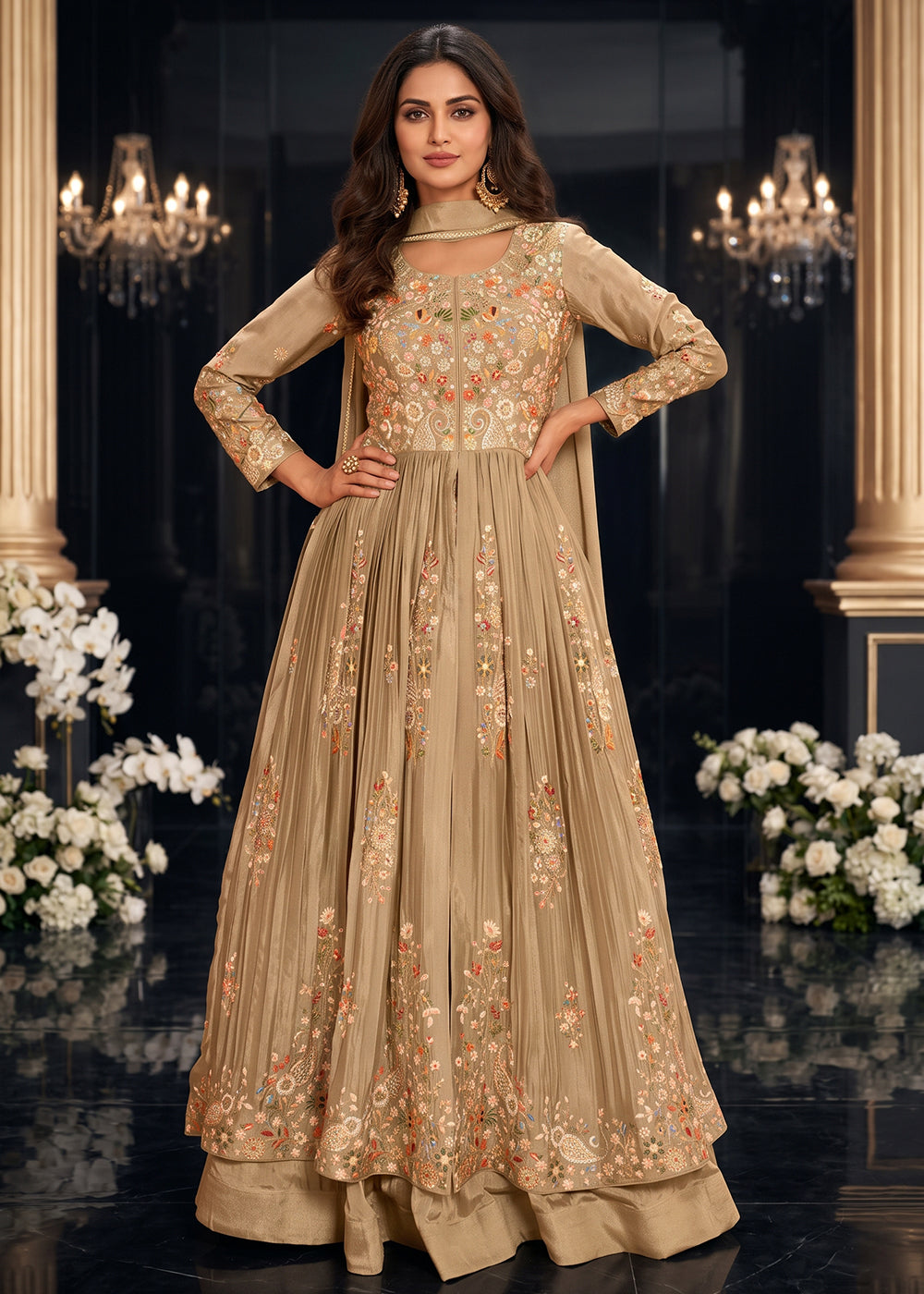Buy Beige Front Slit Style Wedding Anarkali Skirt Suit Online in US, UK, Sweden, Denmark, Greece, Germany, Canada, Austria, Sweden, UAE & Worldwide at Empress.