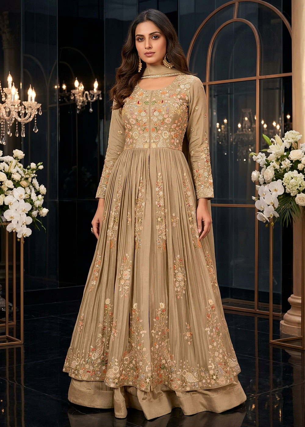 Buy Beige Front Slit Style Wedding Anarkali Skirt Suit Online in US, UK, Sweden, Denmark, Greece, Germany, Canada, Austria, Sweden, UAE & Worldwide at Empress.
