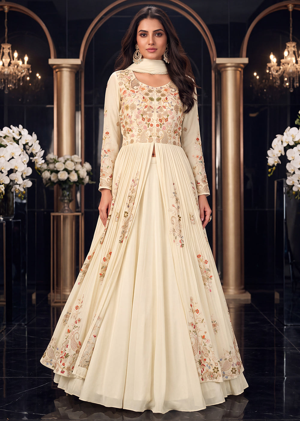Buy Off White Front Slit Style Wedding Anarkali Skirt Suit Online in US, UK, Sweden, Denmark, Greece, Germany, Canada, Austria, Sweden &amp; Worldwide at Empress.