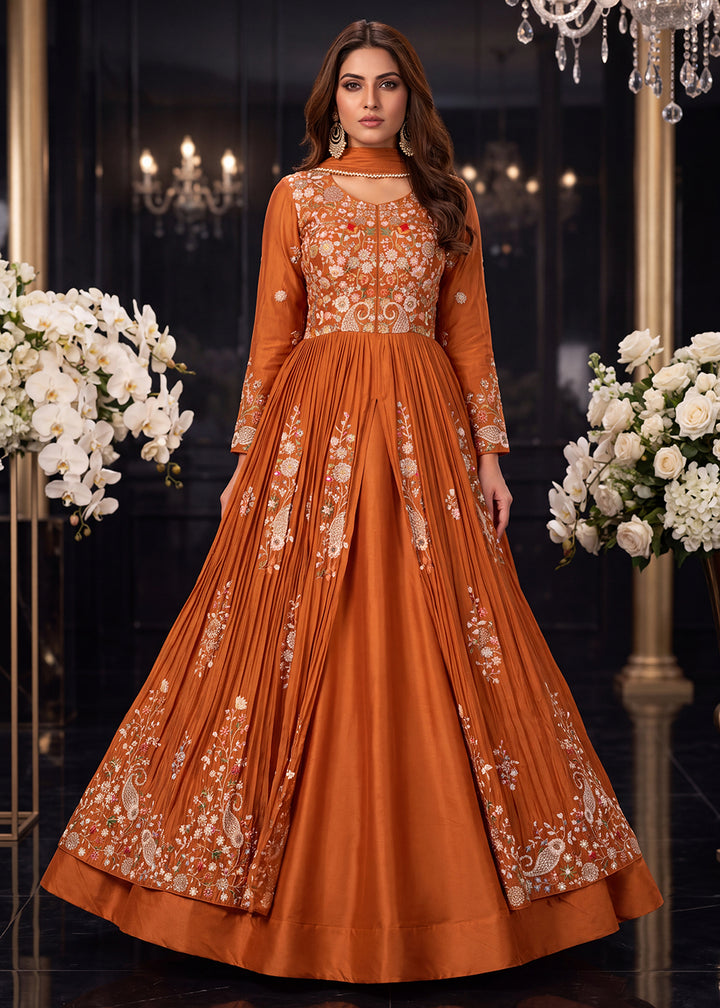 Buy Orange Front Slit Style Wedding Anarkali Skirt Suit Online in US, UK, Sweden, Denmark, Greece, Germany, Canada, Austria, Sweden &amp; Worldwide at Empress.