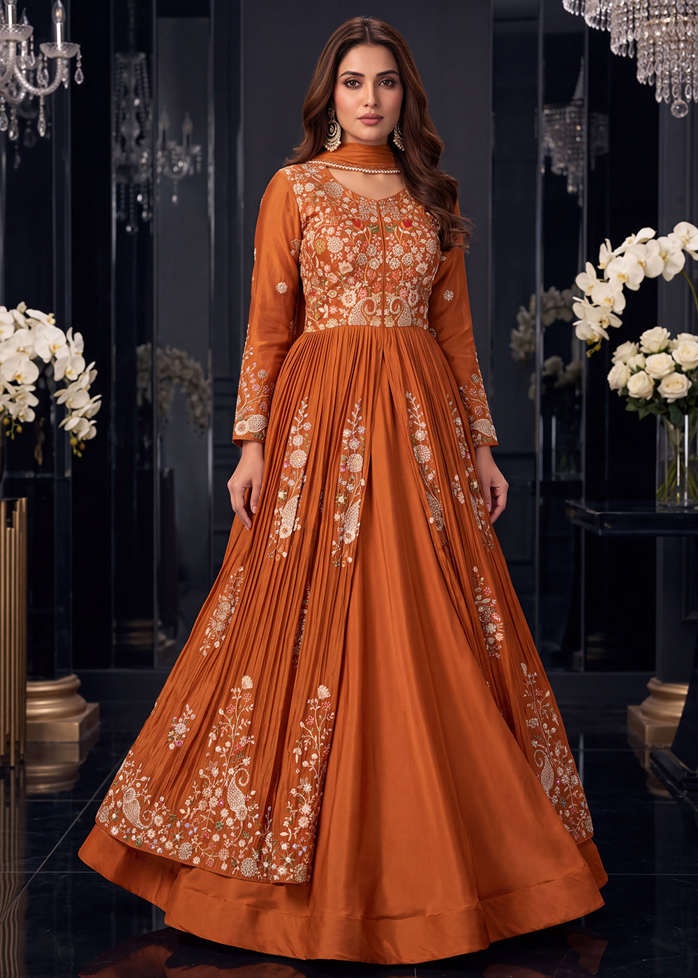 Buy Orange Front Slit Style Wedding Anarkali Skirt Suit Online in US, UK, Sweden, Denmark, Greece, Germany, Canada, Austria, Sweden &amp; Worldwide at Empress.