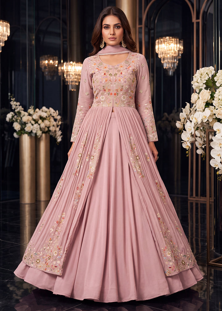 Buy Pink Front Slit Style Wedding Anarkali Skirt Suit Online in US, UK, Sweden, Denmark, Greece, Germany, Canada, Austria, Sweden, UAE &amp; Worldwide at Empress.