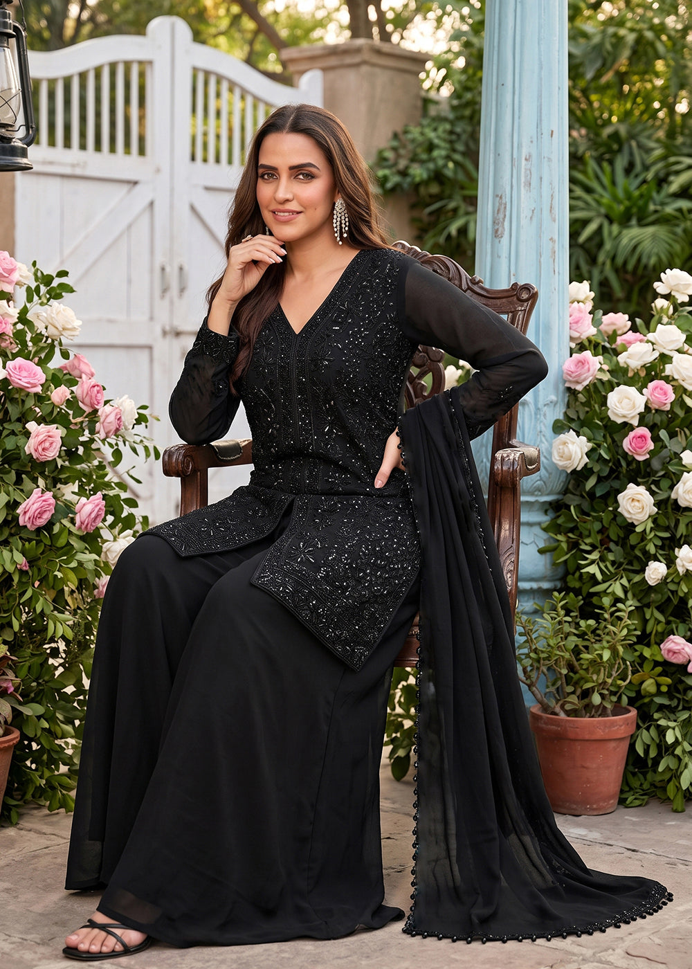 Buy Now Beads Embroidered Work Black Wedding Palazzo Dress Online in US, UK, Canada, Netherlands, Germany, Italy, France, Greece, UAE & Worldwide at Empress.
