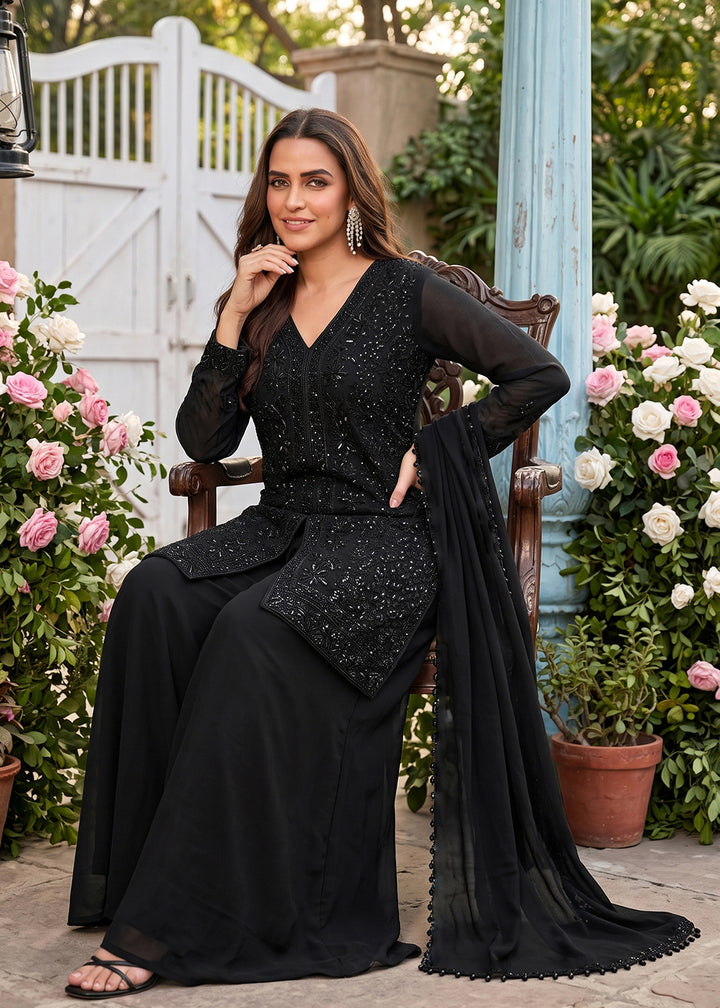 Buy Now Beads Embroidered Work Black Wedding Palazzo Dress Online in US, UK, Canada, Netherlands, Germany, Italy, France, Greece, UAE &amp; Worldwide at Empress.