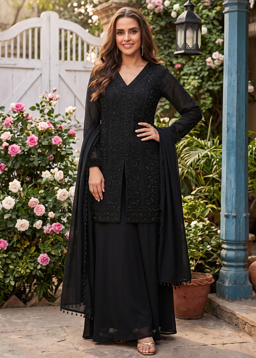 Buy Now Beads Embroidered Work Black Wedding Palazzo Dress Online in US, UK, Canada, Netherlands, Germany, Italy, France, Greece, UAE & Worldwide at Empress.