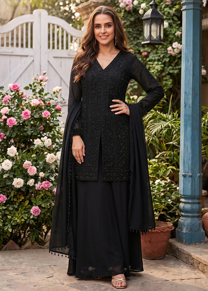 Buy Now Beads Embroidered Work Black Wedding Palazzo Dress Online in US, UK, Canada, Netherlands, Germany, Italy, France, Greece, UAE &amp; Worldwide at Empress.