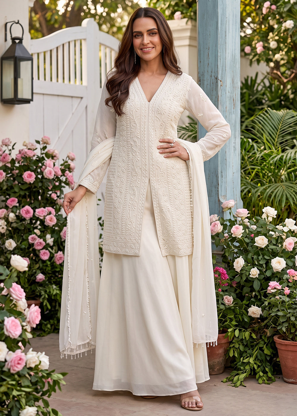 Buy Now Beads Embroidered Work White Wedding Palazzo Dress Online in US, UK, Canada, Netherlands, Germany, Italy, France, Greece, UAE & Worldwide at Empress.
