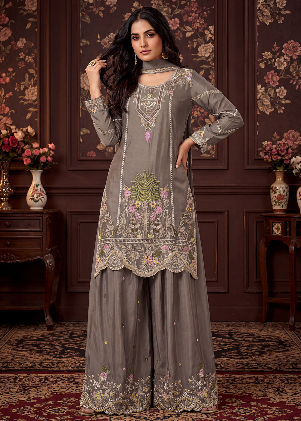Buy Now Grey Beautifully Multi Threads Chinnon Palazzo Style Suit Online in US, UK, Canada, Netherlands, Germany, Italy, France, Greece & Worldwide at Empress.