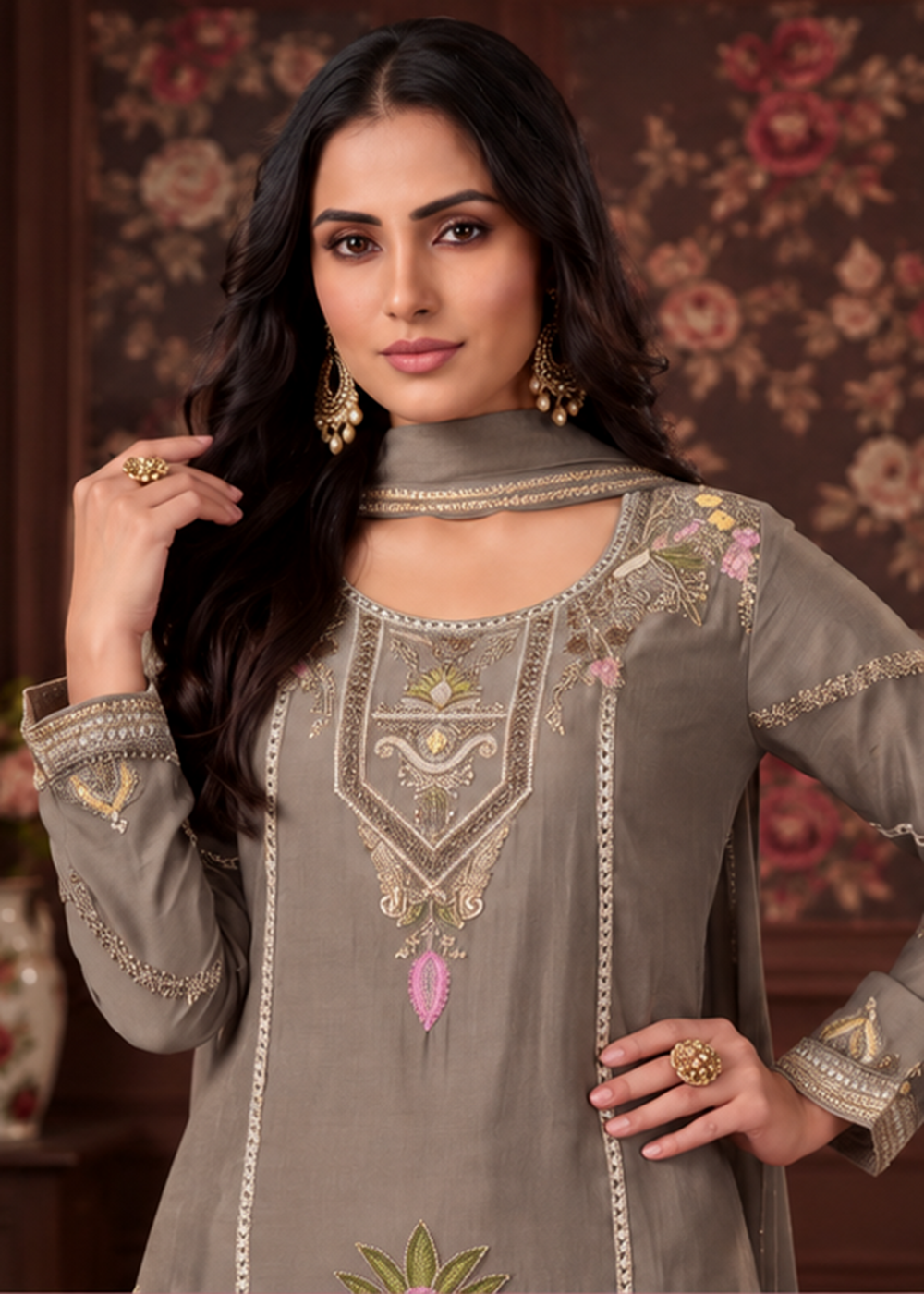 Buy Now Grey Beautifully Multi Threads Chinnon Palazzo Style Suit Online in US, UK, Canada, Netherlands, Germany, Italy, France, Greece &amp; Worldwide at Empress.