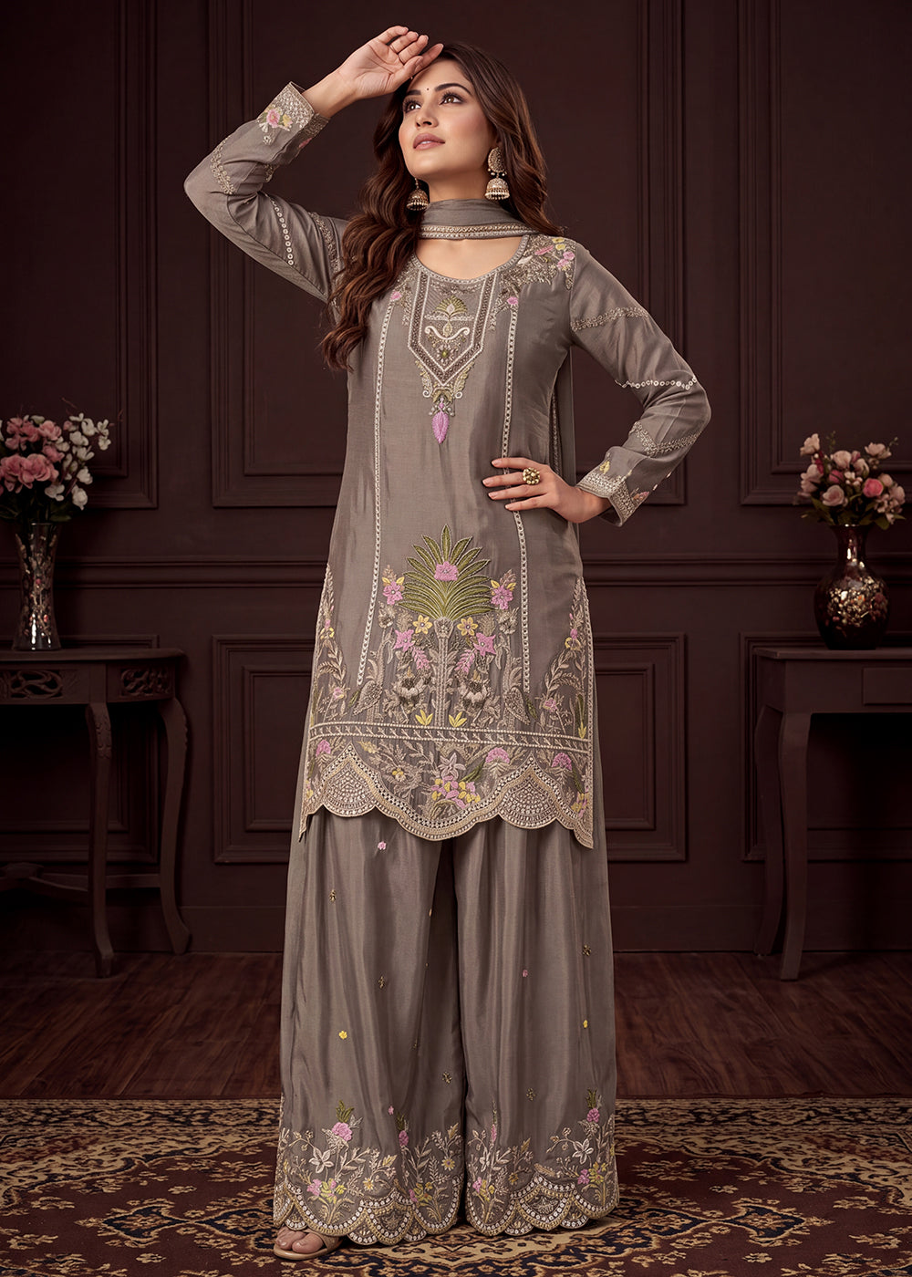 Buy Now Grey Beautifully Multi Threads Chinnon Palazzo Style Suit Online in US, UK, Canada, Netherlands, Germany, Italy, France, Greece &amp; Worldwide at Empress.