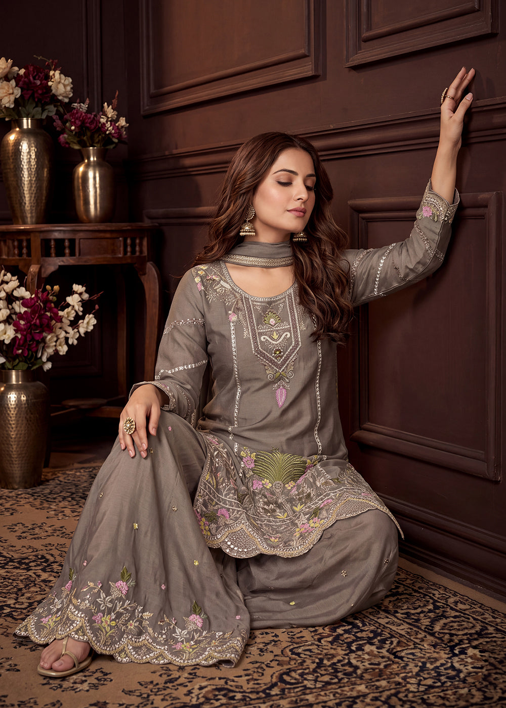 Buy Now Grey Beautifully Multi Threads Chinnon Palazzo Style Suit Online in US, UK, Canada, Netherlands, Germany, Italy, France, Greece &amp; Worldwide at Empress.