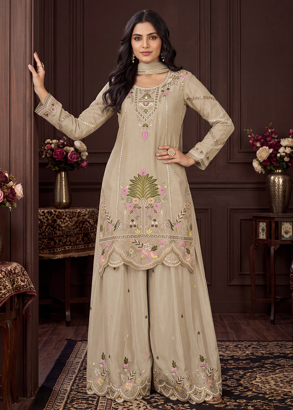 Buy Now Beige Beautifully Multi Threads Chinnon Palazzo Style Suit Online in US, UK, Canada, Netherlands, Germany, Italy, France, Greece & Worldwide at Empress.