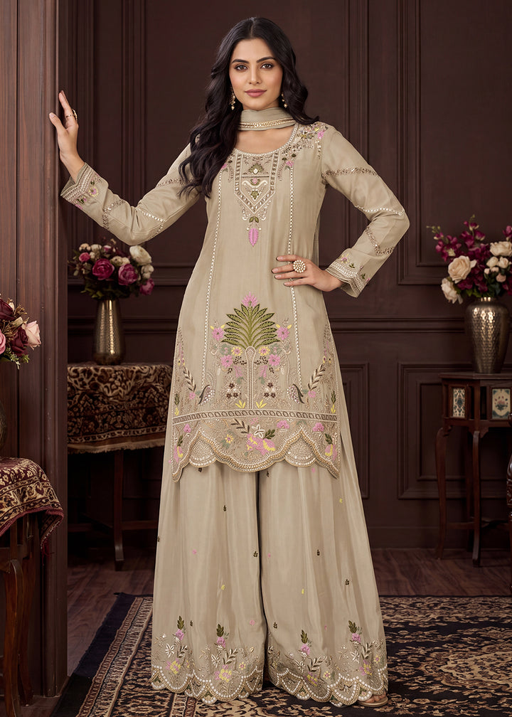 Buy Now Beige Beautifully Multi Threads Chinnon Palazzo Style Suit Online in US, UK, Canada, Netherlands, Germany, Italy, France, Greece &amp; Worldwide at Empress.