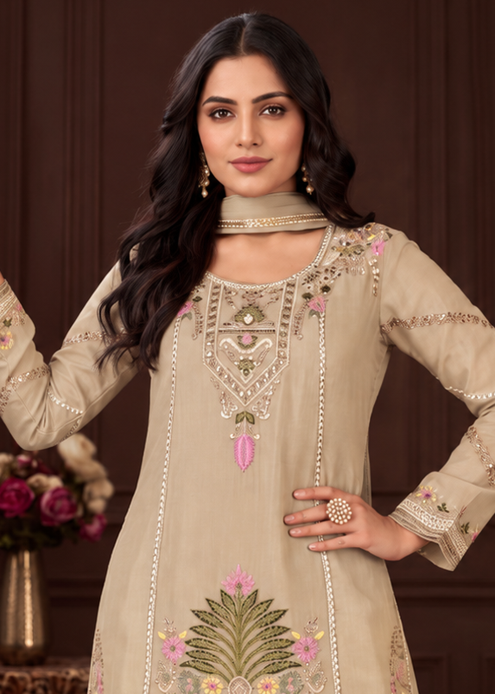 Buy Now Beige Beautifully Multi Threads Chinnon Palazzo Style Suit Online in US, UK, Canada, Netherlands, Germany, Italy, France, Greece & Worldwide at Empress.
