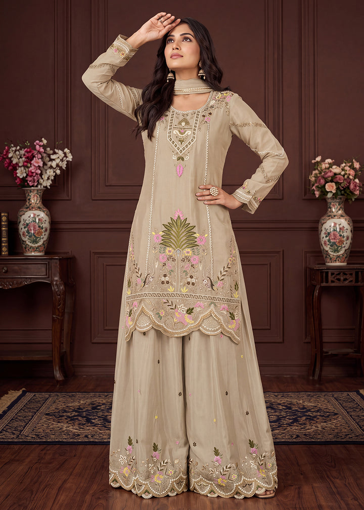 Buy Now Beige Beautifully Multi Threads Chinnon Palazzo Style Suit Online in US, UK, Canada, Netherlands, Germany, Italy, France, Greece &amp; Worldwide at Empress.