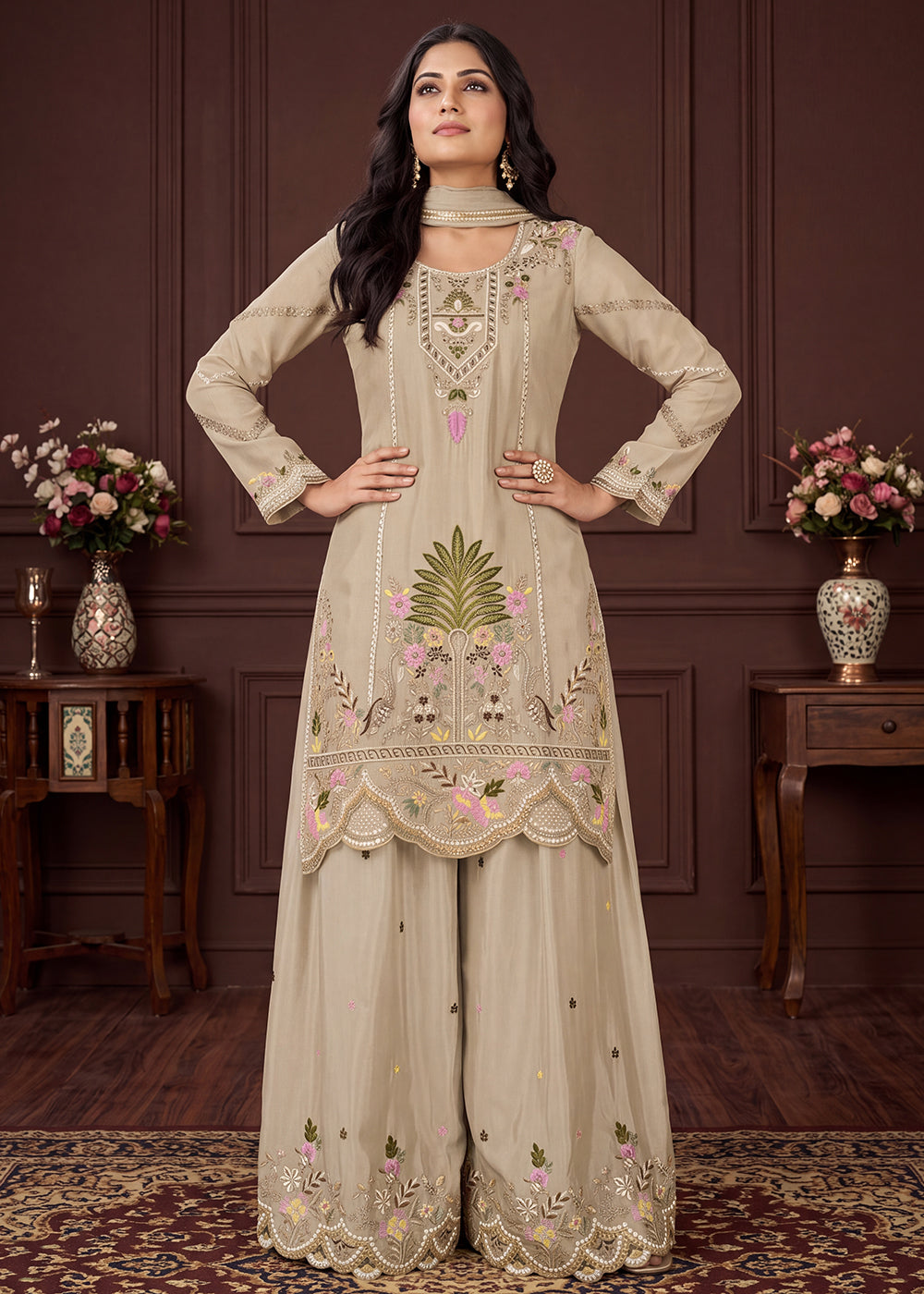 Buy Now Beige Beautifully Multi Threads Chinnon Palazzo Style Suit Online in US, UK, Canada, Netherlands, Germany, Italy, France, Greece &amp; Worldwide at Empress.