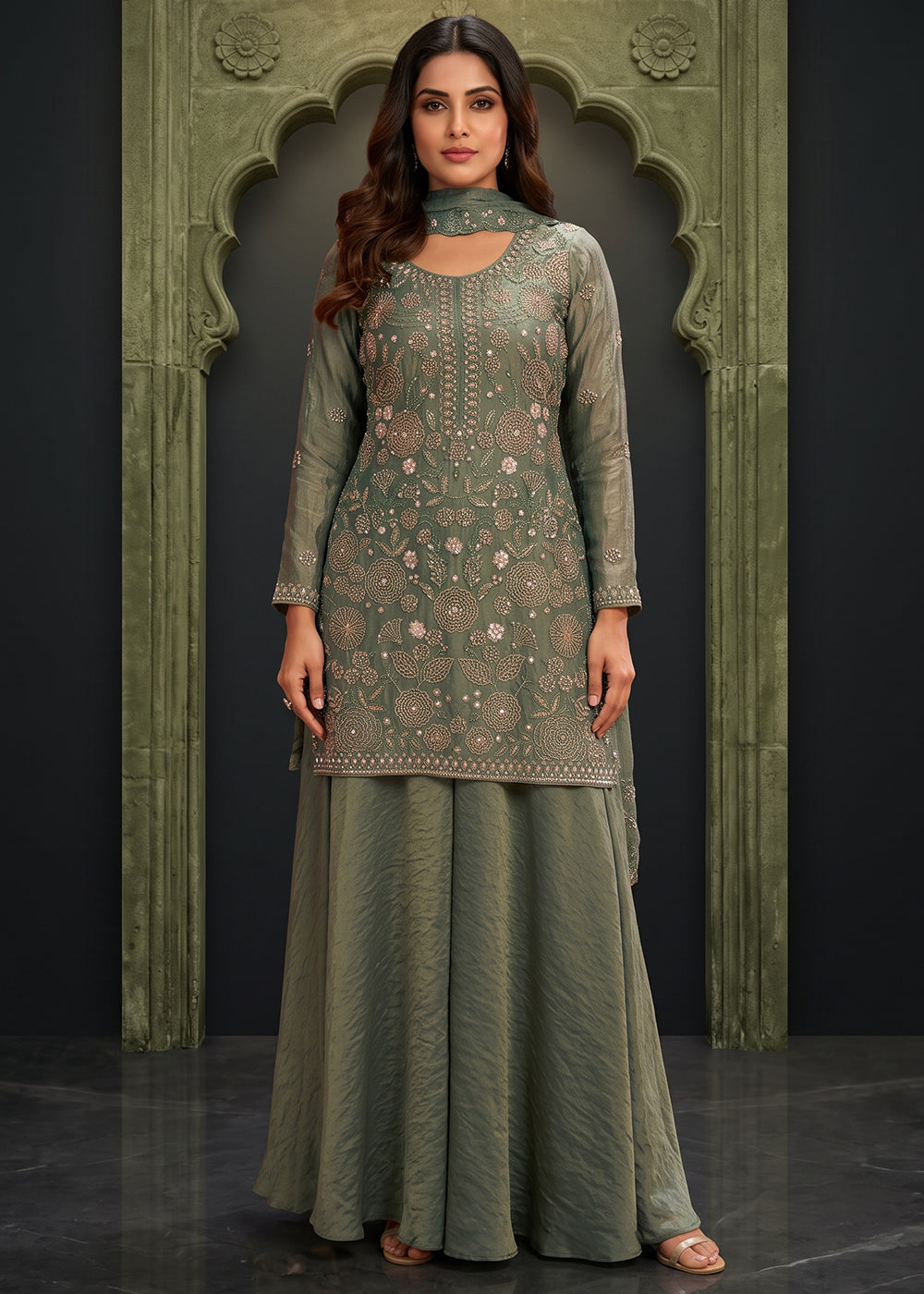 Buy Now Festive Green Fancy Moss Fabric Palazzo Style Dress Online in US, UK, Canada, Germany, Italy, France, Greece, Austria, UAE & Worldwide at Empress.