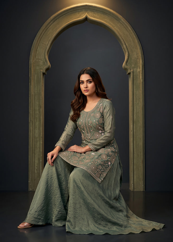Buy Now Festive Green Fancy Moss Fabric Palazzo Style Dress Online in US, UK, Canada, Germany, Italy, France, Greece, Austria, UAE &amp; Worldwide at Empress.