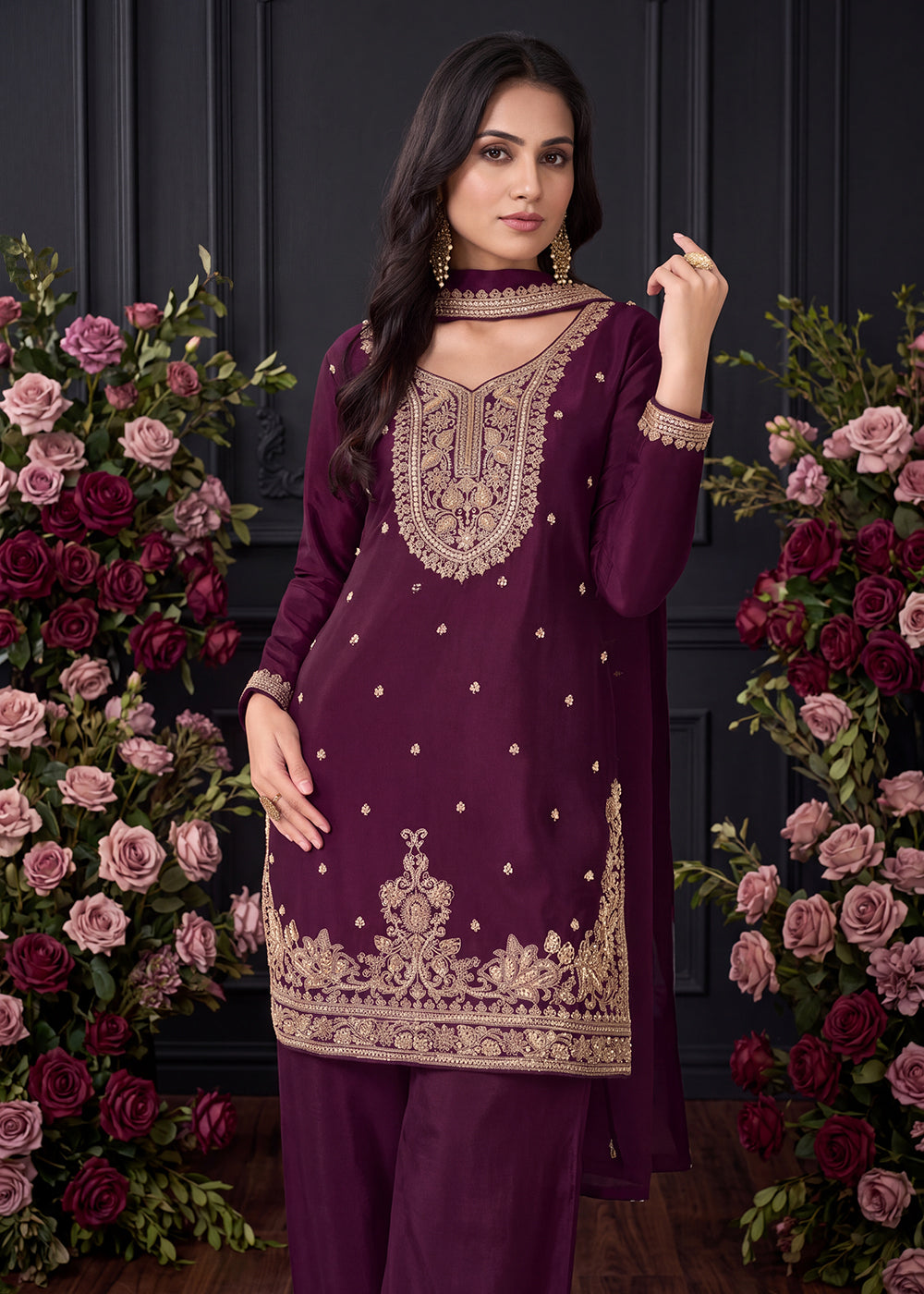 Buy Now Pretty Beads Embroiderey Wine Purple Palazzo Style Suit Online in US, UK, Canada, Netherlands, Germany, Italy, France, Greece & Worldwide at Empress.