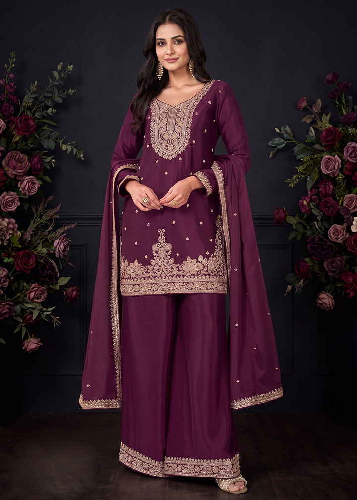 Buy Now Pretty Beads Embroiderey Wine Purple Palazzo Style Suit Online in US, UK, Canada, Netherlands, Germany, Italy, France, Greece &amp; Worldwide at Empress.