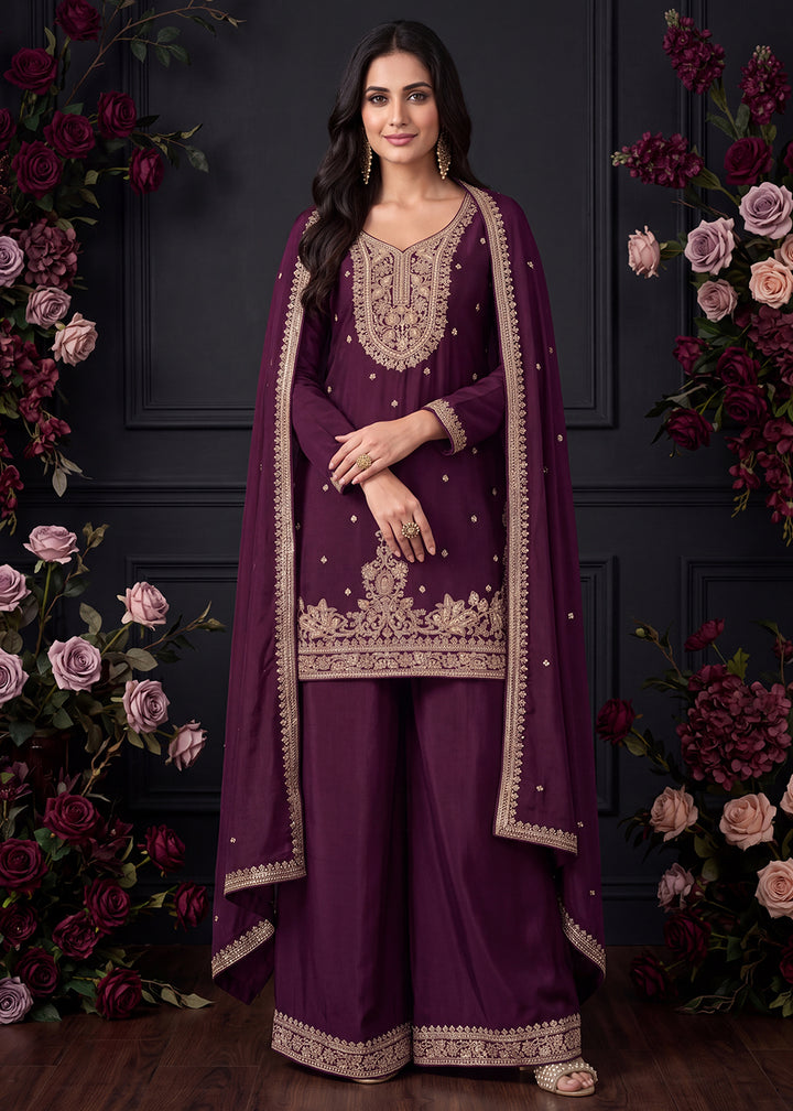 Buy Now Pretty Beads Embroiderey Wine Purple Palazzo Style Suit Online in US, UK, Canada, Netherlands, Germany, Italy, France, Greece &amp; Worldwide at Empress.