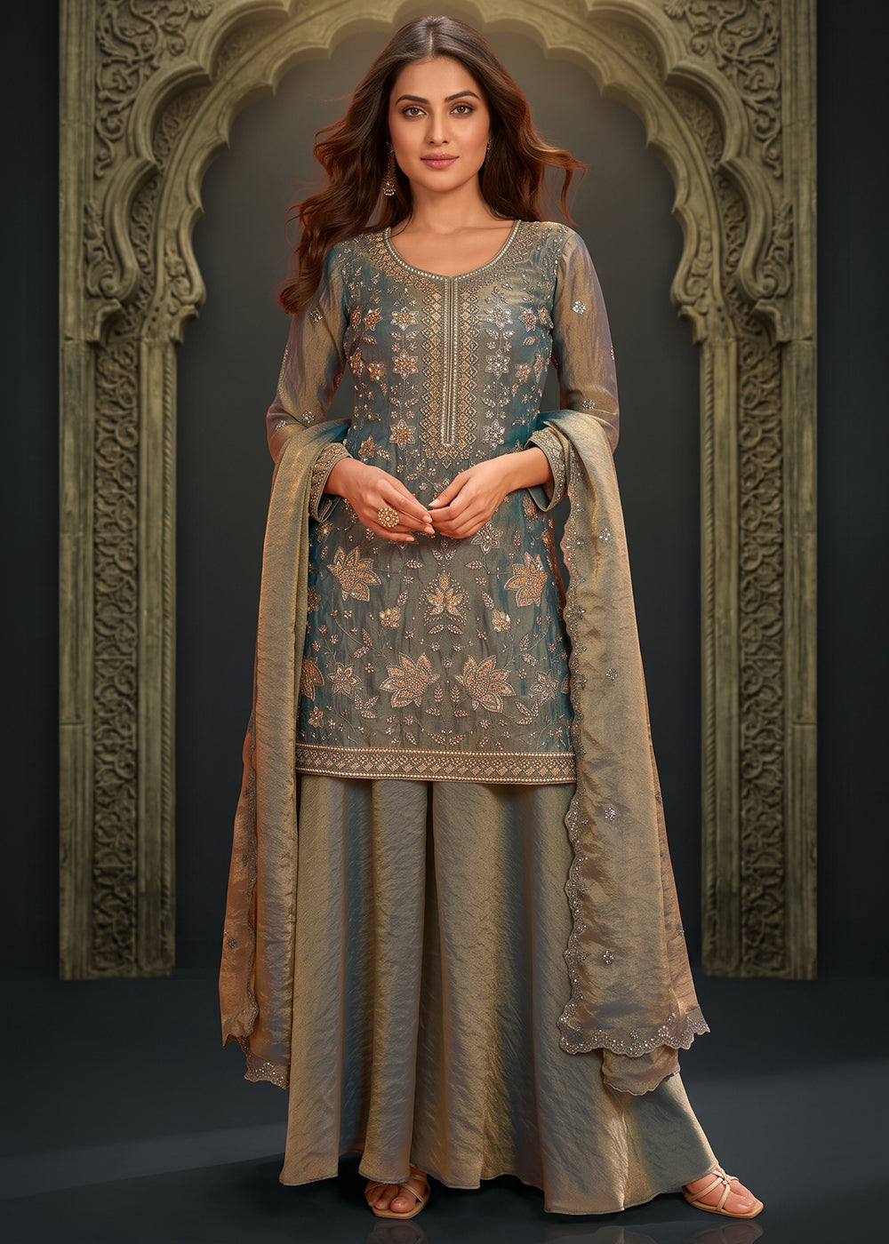 Buy Now Festive Blue Fancy Moss Fabric Palazzo Style Dress Online in US, UK, Canada, Germany, Italy, France, Greece, Austria, Australia & Worldwide at Empress.