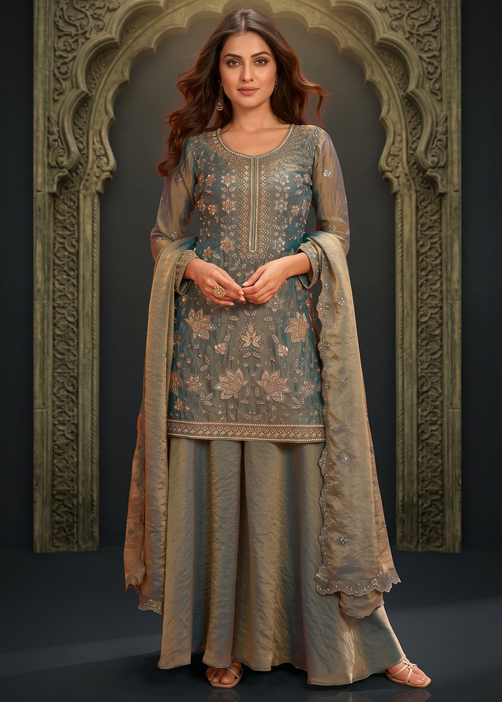 Buy Now Festive Blue Fancy Moss Fabric Palazzo Style Dress Online in US, UK, Canada, Germany, Italy, France, Greece, Austria, Australia &amp; Worldwide at Empress.