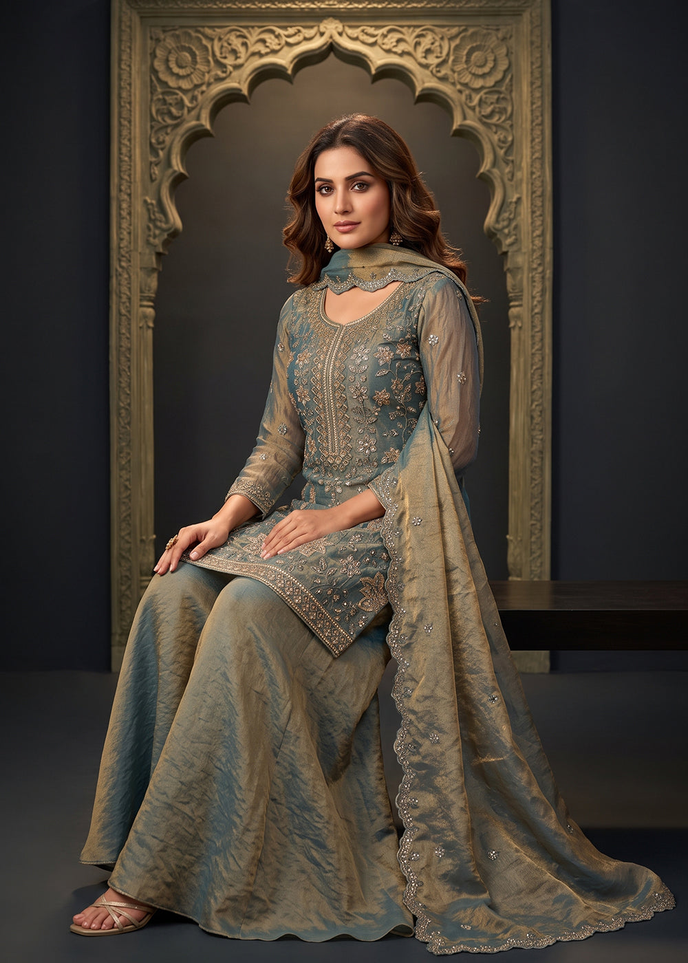 Buy Now Festive Blue Fancy Moss Fabric Palazzo Style Dress Online in US, UK, Canada, Germany, Italy, France, Greece, Austria, Australia & Worldwide at Empress.