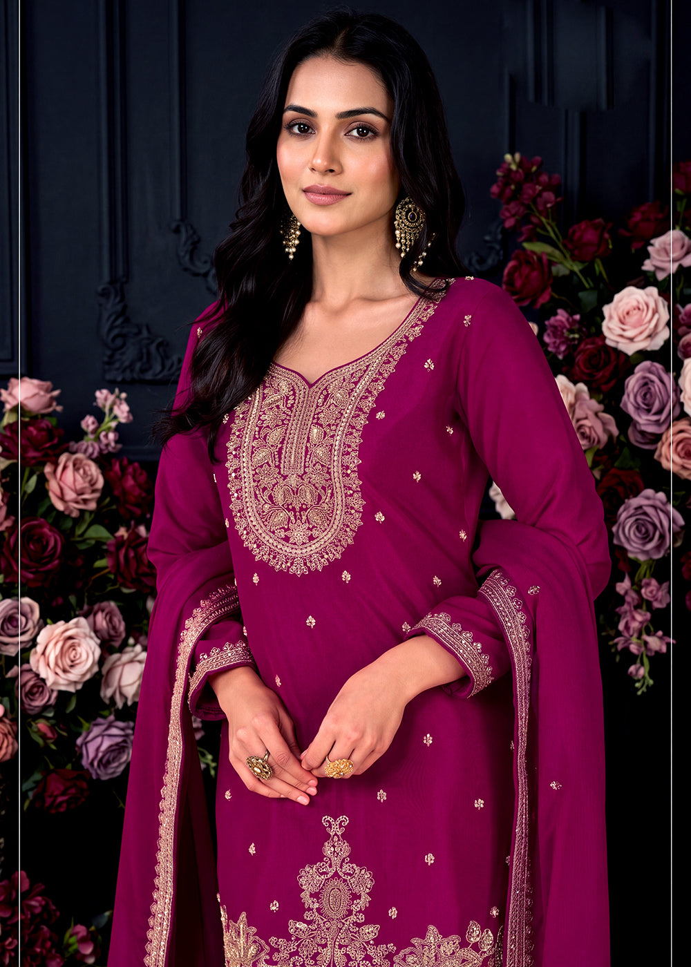 Buy Now Pretty Beads Embroiderey Magenta Pink Palazzo Style Suit Online in US, UK, Canada, Netherlands, Germany, Italy, France, Greece & Worldwide at Empress.