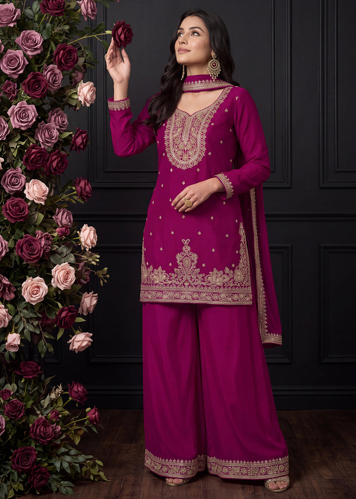 Buy Now Pretty Beads Embroiderey Magenta Pink Palazzo Style Suit Online in US, UK, Canada, Netherlands, Germany, Italy, France, Greece &amp; Worldwide at Empress.