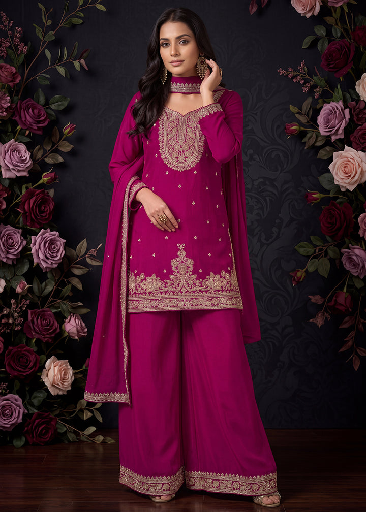 Buy Now Pretty Beads Embroiderey Magenta Pink Palazzo Style Suit Online in US, UK, Canada, Netherlands, Germany, Italy, France, Greece &amp; Worldwide at Empress.