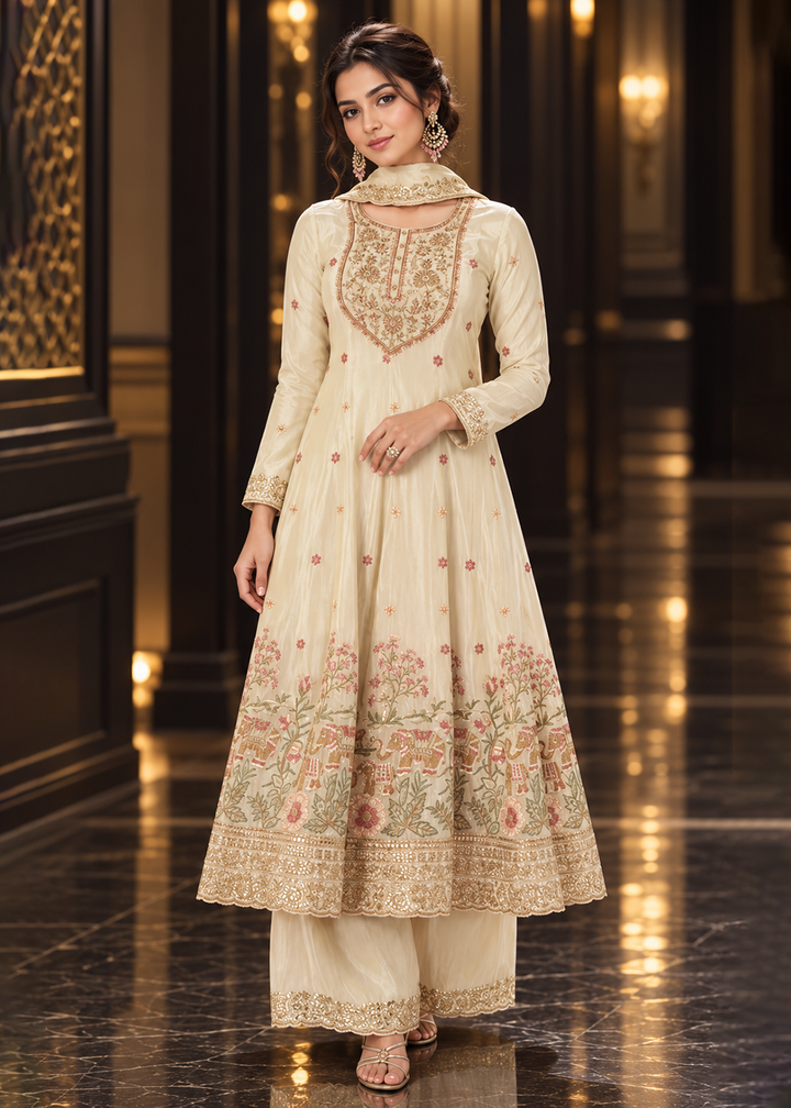 Buy Off White Anarkali Style Pure Tissue Palazzo Style Suit Online in US, UK, Canada, Netherlands, Germany, Italy, France, Greece, UAE &amp; Worldwide at Empress.