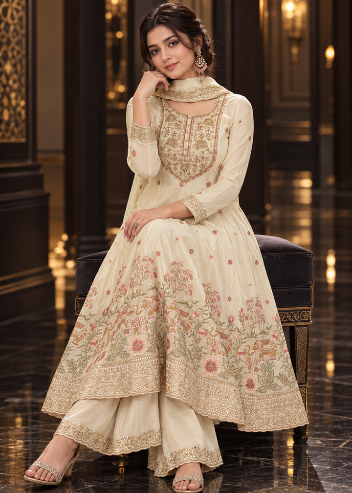 Buy Off White Anarkali Style Pure Tissue Palazzo Style Suit Online in US, UK, Canada, Netherlands, Germany, Italy, France, Greece, UAE &amp; Worldwide at Empress.