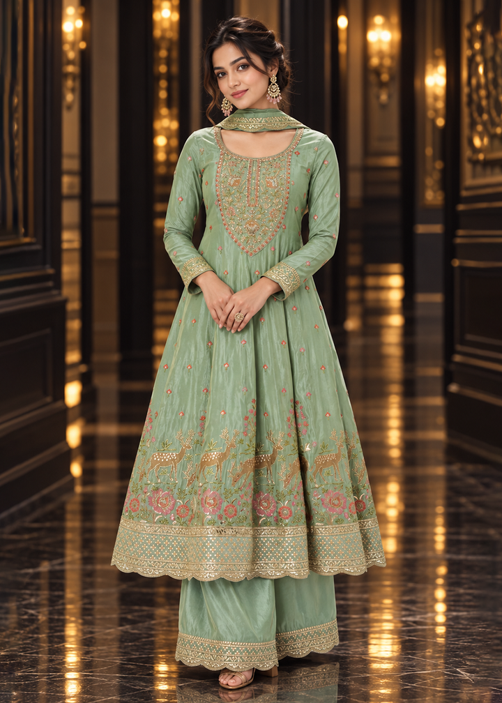 Buy Now Green Anarkali Style Pure Tissue Palazzo Style Suit Online in US, UK, Canada, Netherlands, Germany, Italy, France, Greece, UAE &amp; Worldwide at Empress.