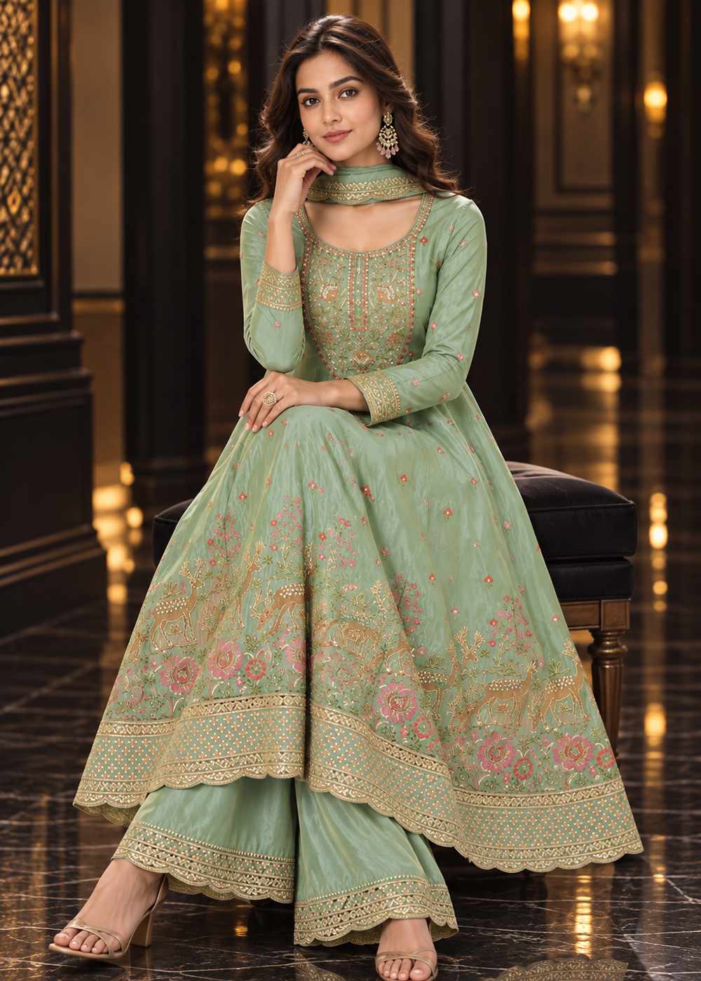 Buy Now Green Anarkali Style Pure Tissue Palazzo Style Suit Online in US, UK, Canada, Netherlands, Germany, Italy, France, Greece, UAE &amp; Worldwide at Empress.