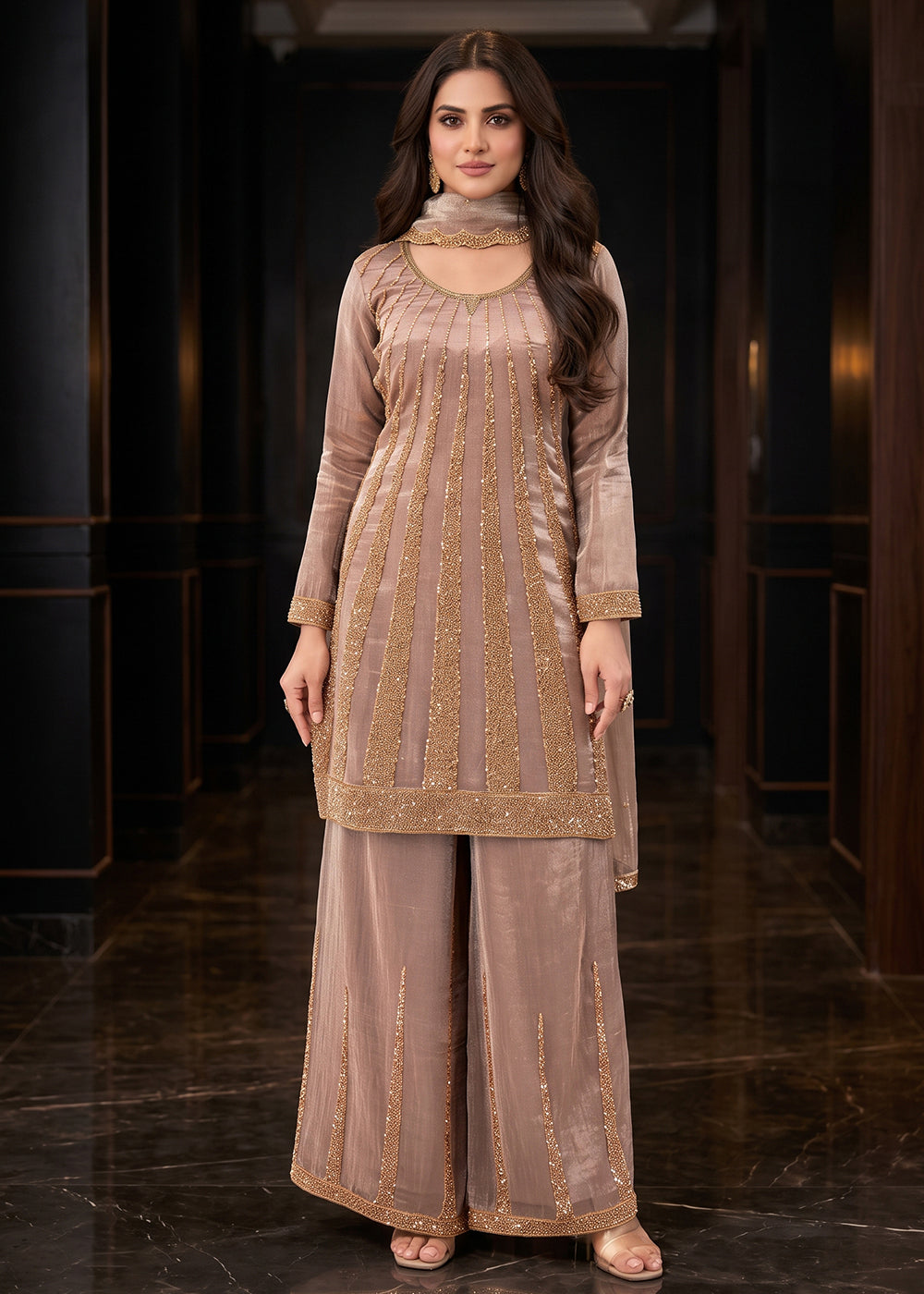 Buy Now Superb Mauve Premium Silk with Beads Palazzo Style Suit Online in US, UK, Canada, Netherlands, Germany, Italy, France, Greece &amp; Worldwide at Empress.