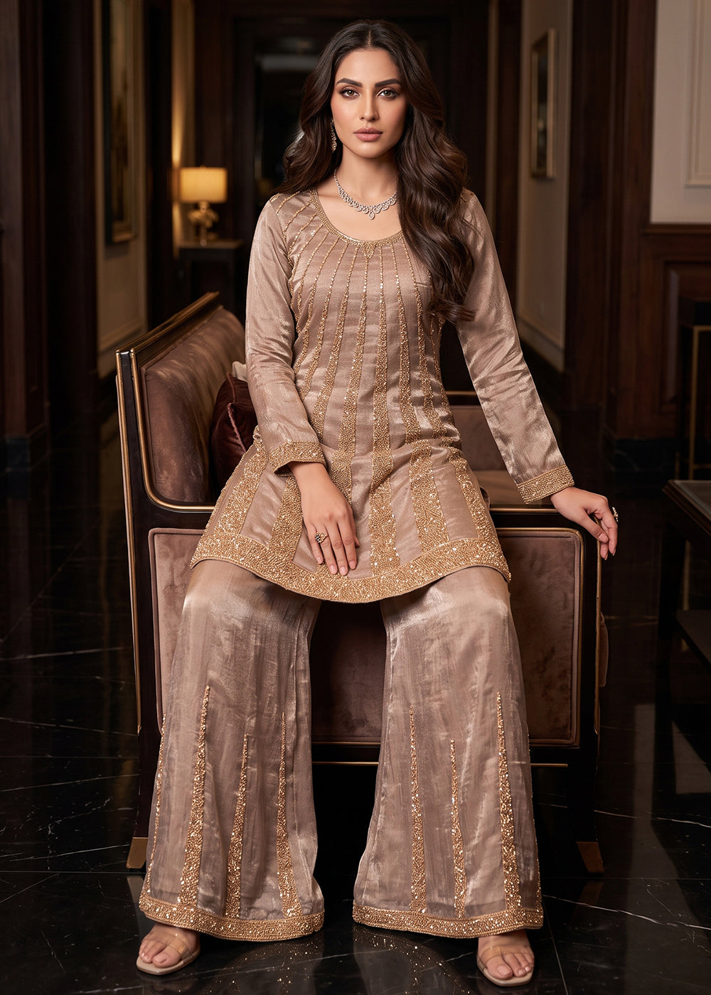 Buy Now Superb Mauve Premium Silk with Beads Palazzo Style Suit Online in US, UK, Canada, Netherlands, Germany, Italy, France, Greece & Worldwide at Empress.