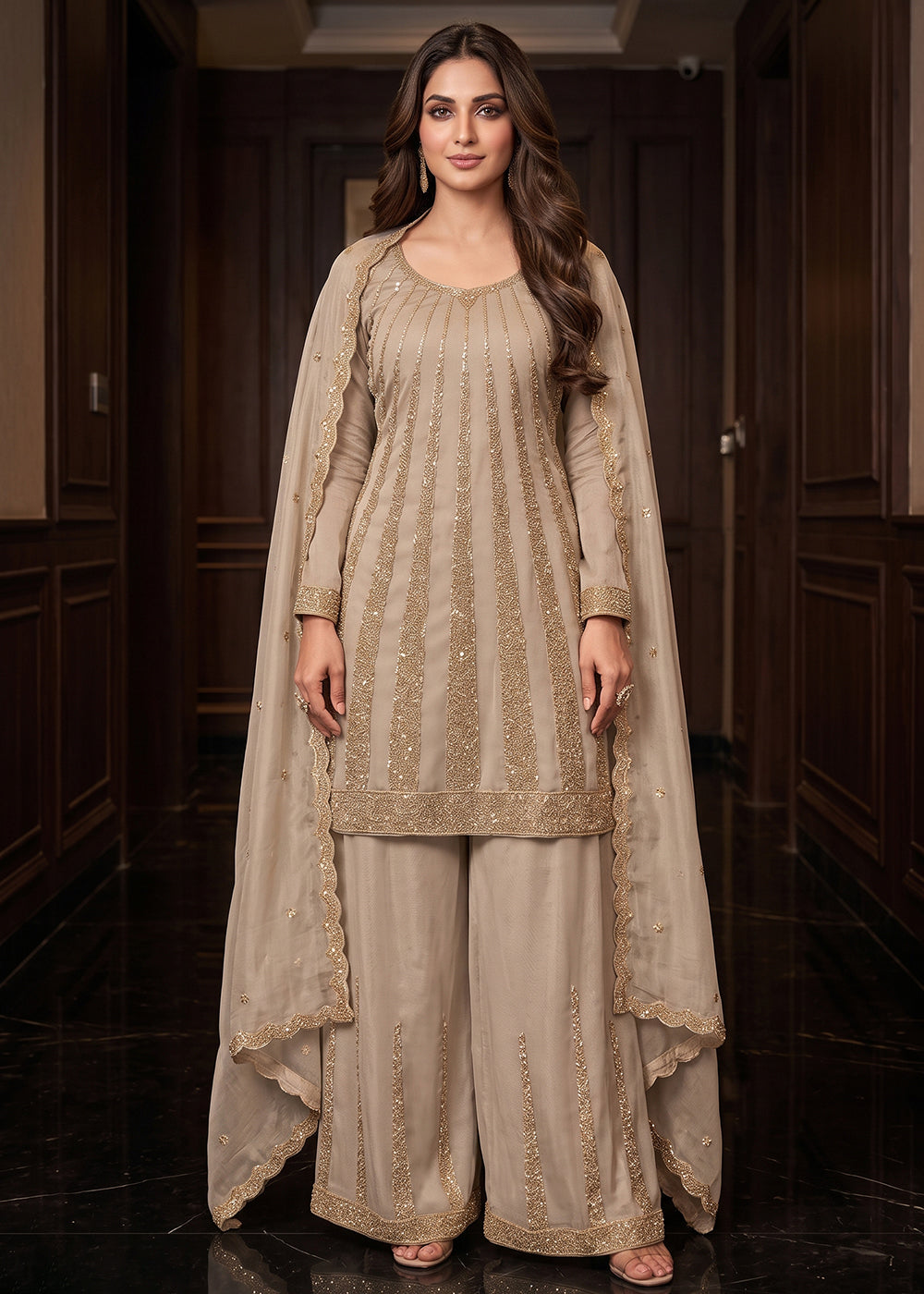 Buy Now Superb Beige Premium Silk with Beads Palazzo Style Suit Online in US, UK, Canada, Netherlands, Germany, Italy, France, Greece &amp; Worldwide at Empress.