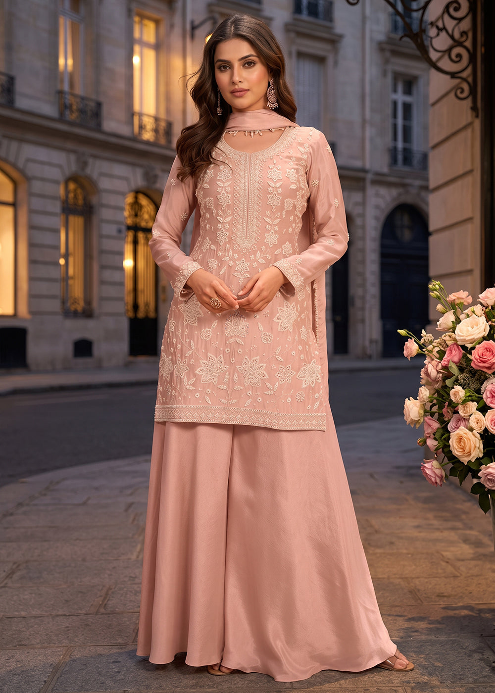 Buy Now Embroidered Pink Real Chinnon Palazzo Style Dress Online in US, UK, Canada, Netherlands, Germany, Italy, France, Greece, Austria & Worldwide at Empress.