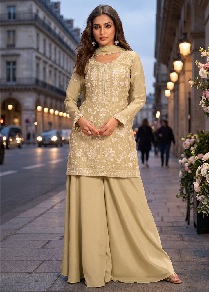 Buy Now Embroidered Green Real Chinnon Palazzo Style Dress Online in US, UK, Canada, Netherlands, Germany, Italy, France, Greece, Austria &amp; Worldwide at Empress.