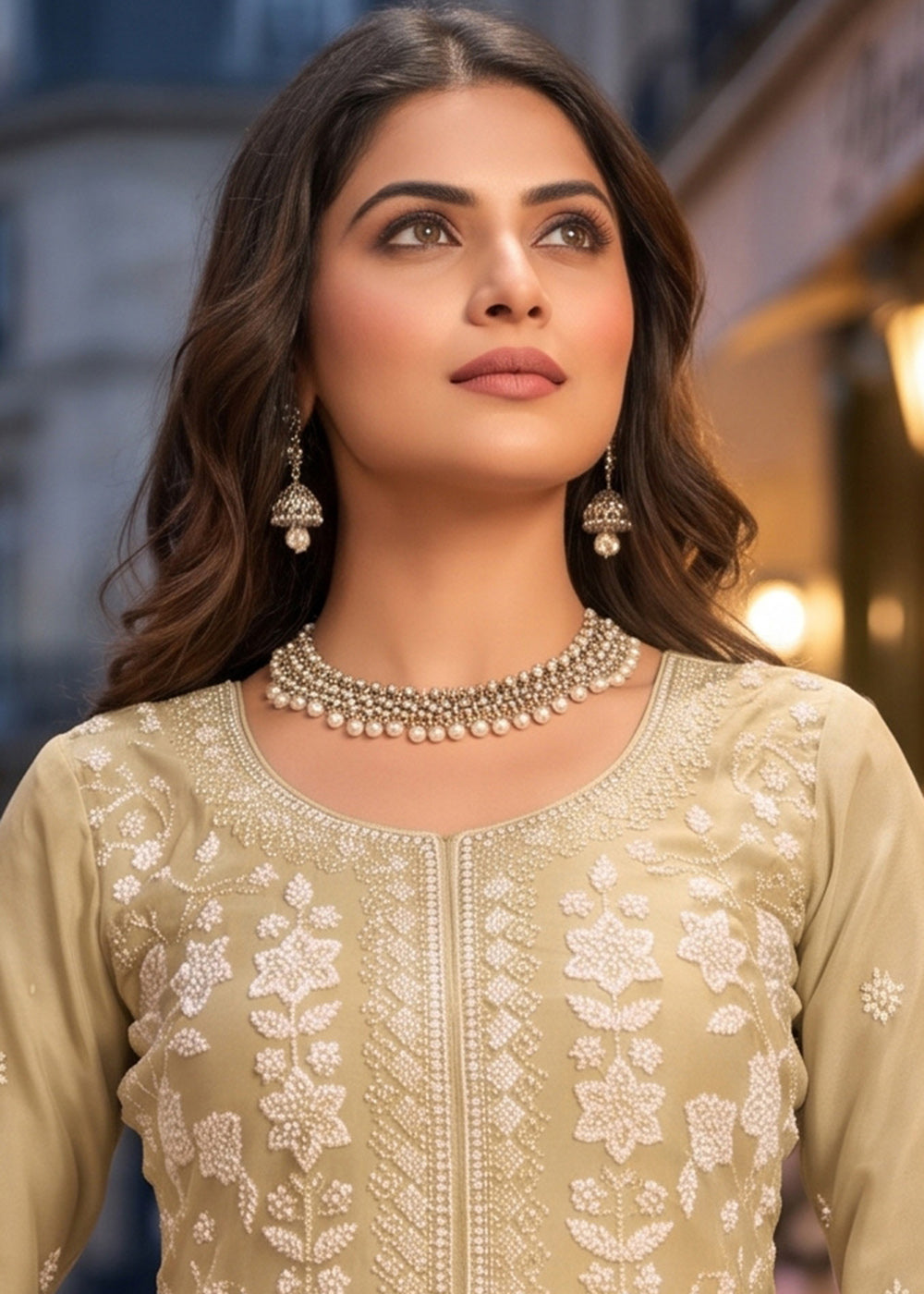Buy Now Embroidered Green Real Chinnon Palazzo Style Dress Online in US, UK, Canada, Netherlands, Germany, Italy, France, Greece, Austria & Worldwide at Empress.