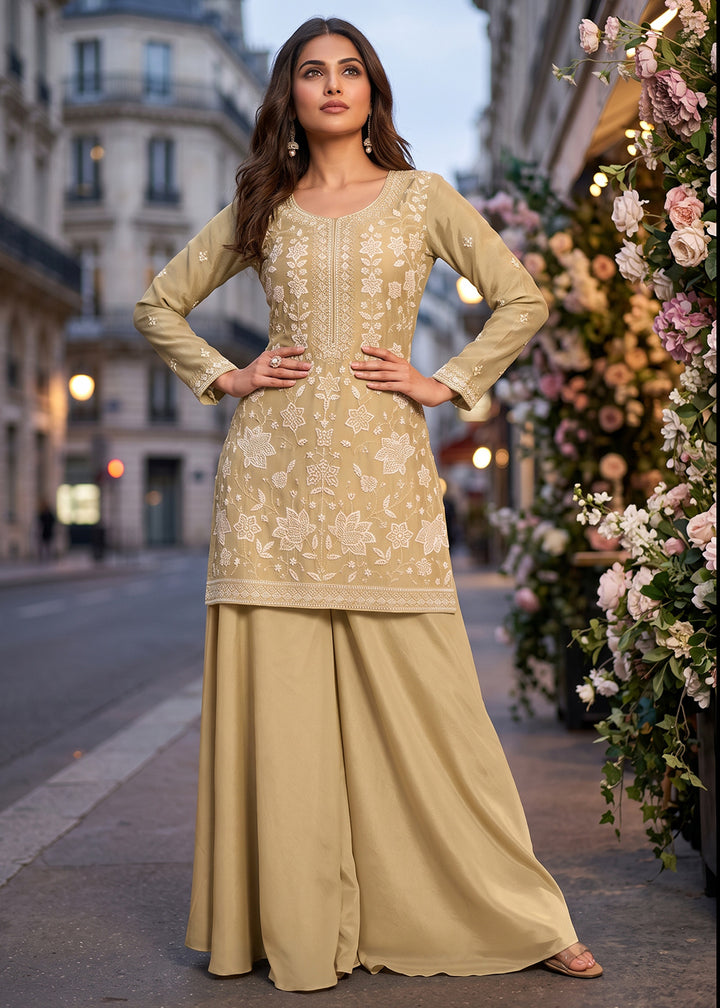 Buy Now Embroidered Green Real Chinnon Palazzo Style Dress Online in US, UK, Canada, Netherlands, Germany, Italy, France, Greece, Austria &amp; Worldwide at Empress.