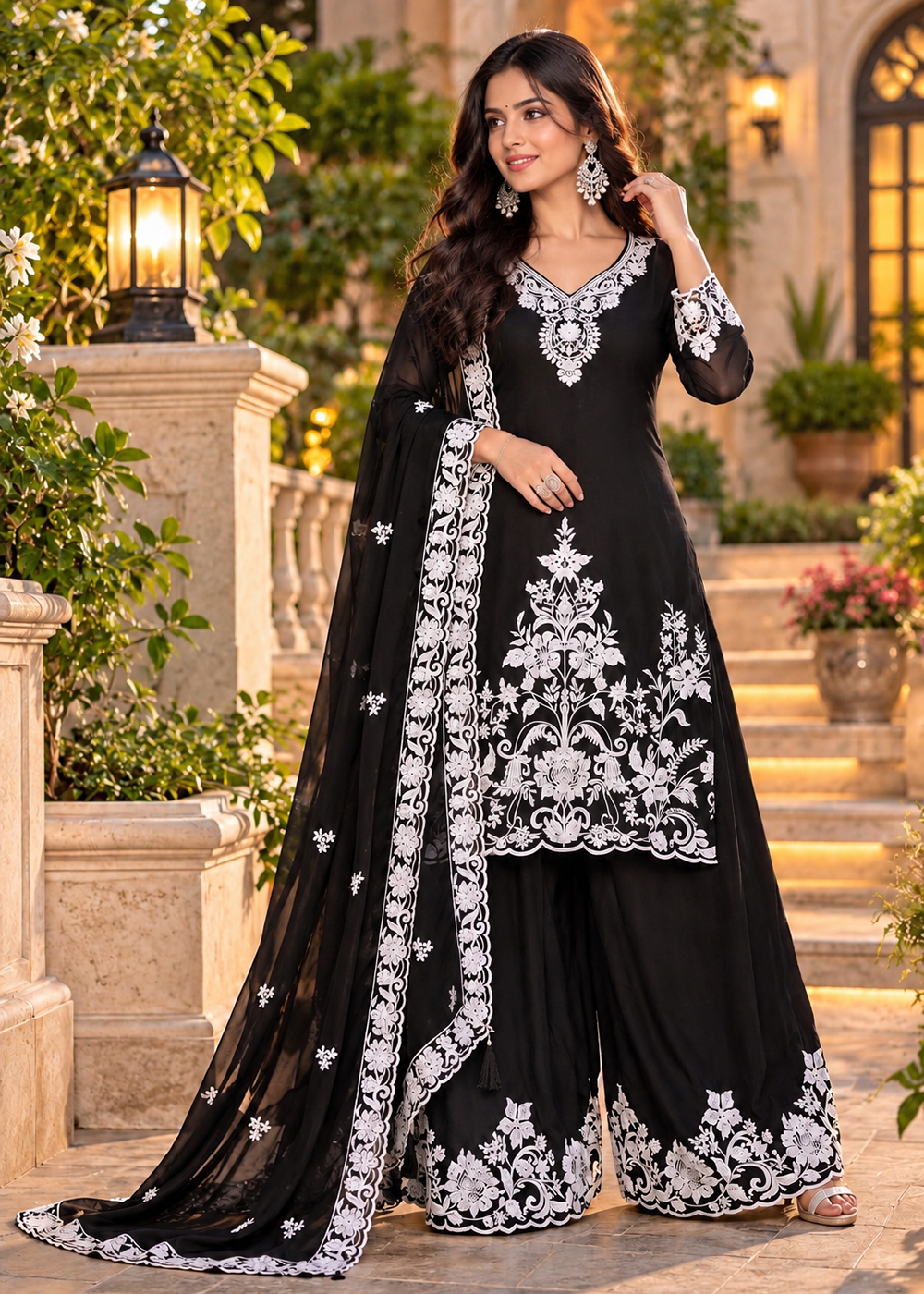 Buy Now Black Chinnon Silk with Embroidery Palazzo Dress Online in US, UK, Canada, Netherlands, Germany, Italy, France, Greece, Australia & Worldwide at Empress