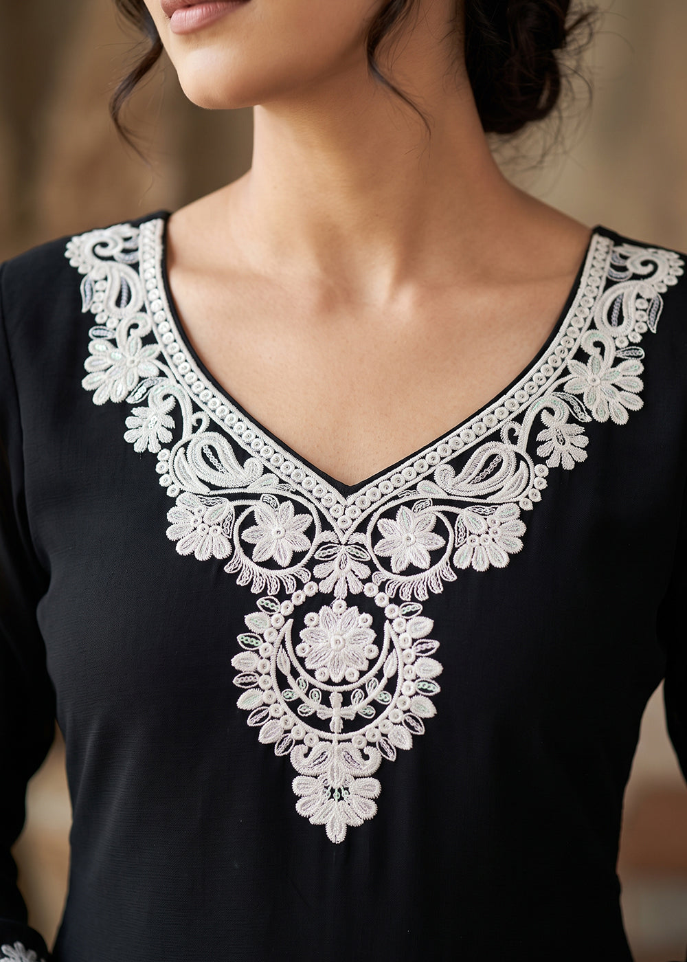 Buy Now Black Chinnon Silk with Embroidery Palazzo Dress Online in US, UK, Canada, Netherlands, Germany, Italy, France, Greece, Australia & Worldwide at Empress