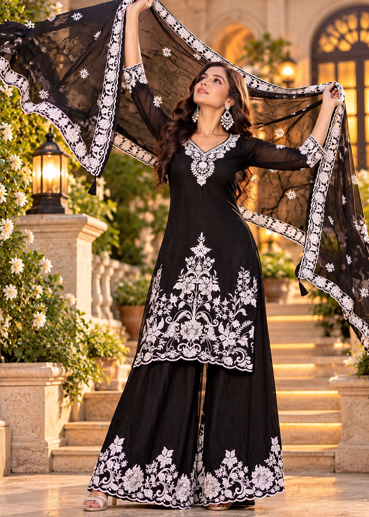 Buy Now Black Chinnon Silk with Embroidery Palazzo Dress Online in US, UK, Canada, Netherlands, Germany, Italy, France, Greece, Australia &amp; Worldwide at Empress