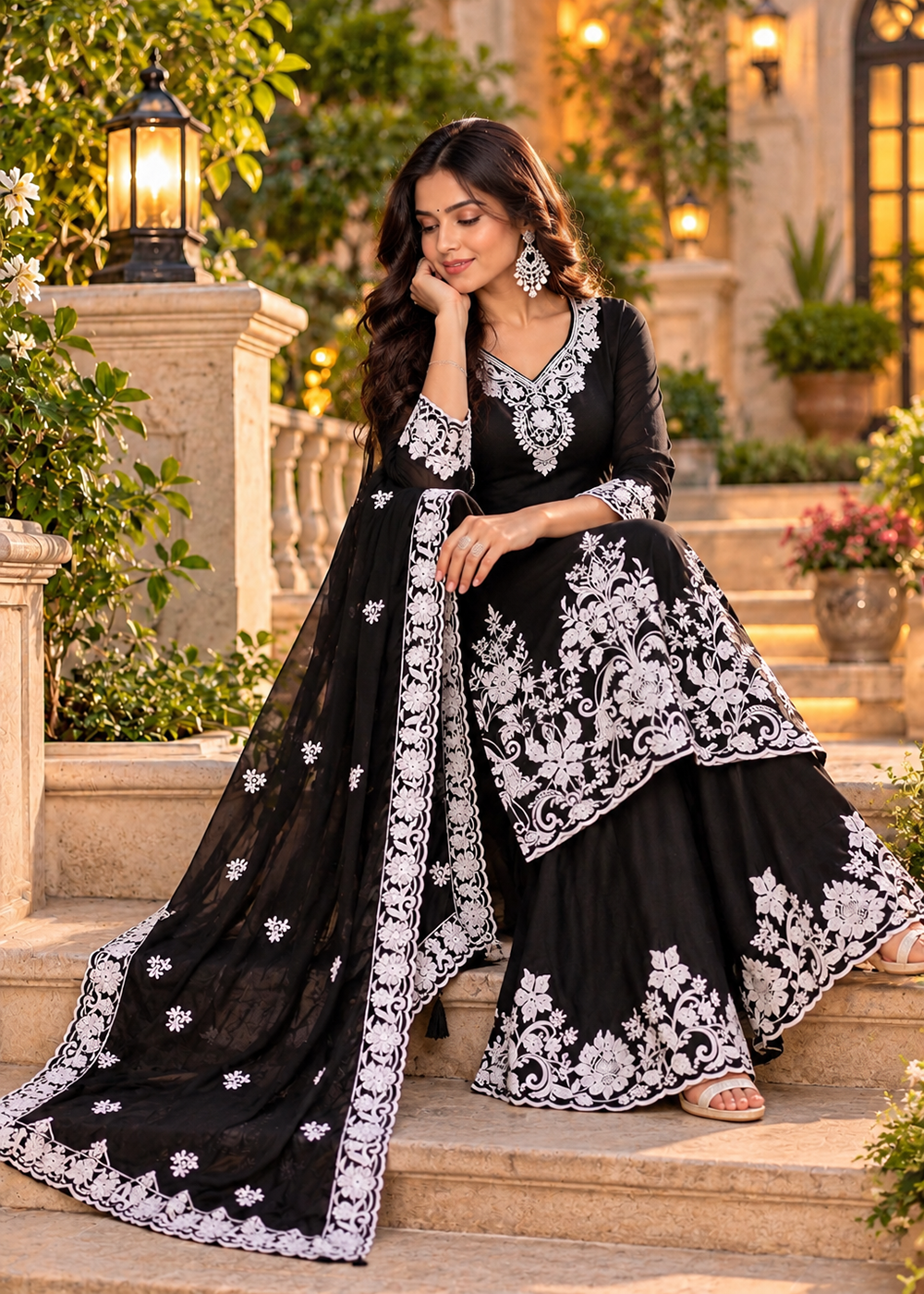 Buy Now Black Chinnon Silk with Embroidery Palazzo Dress Online in US, UK, Canada, Netherlands, Germany, Italy, France, Greece, Australia &amp; Worldwide at Empress
