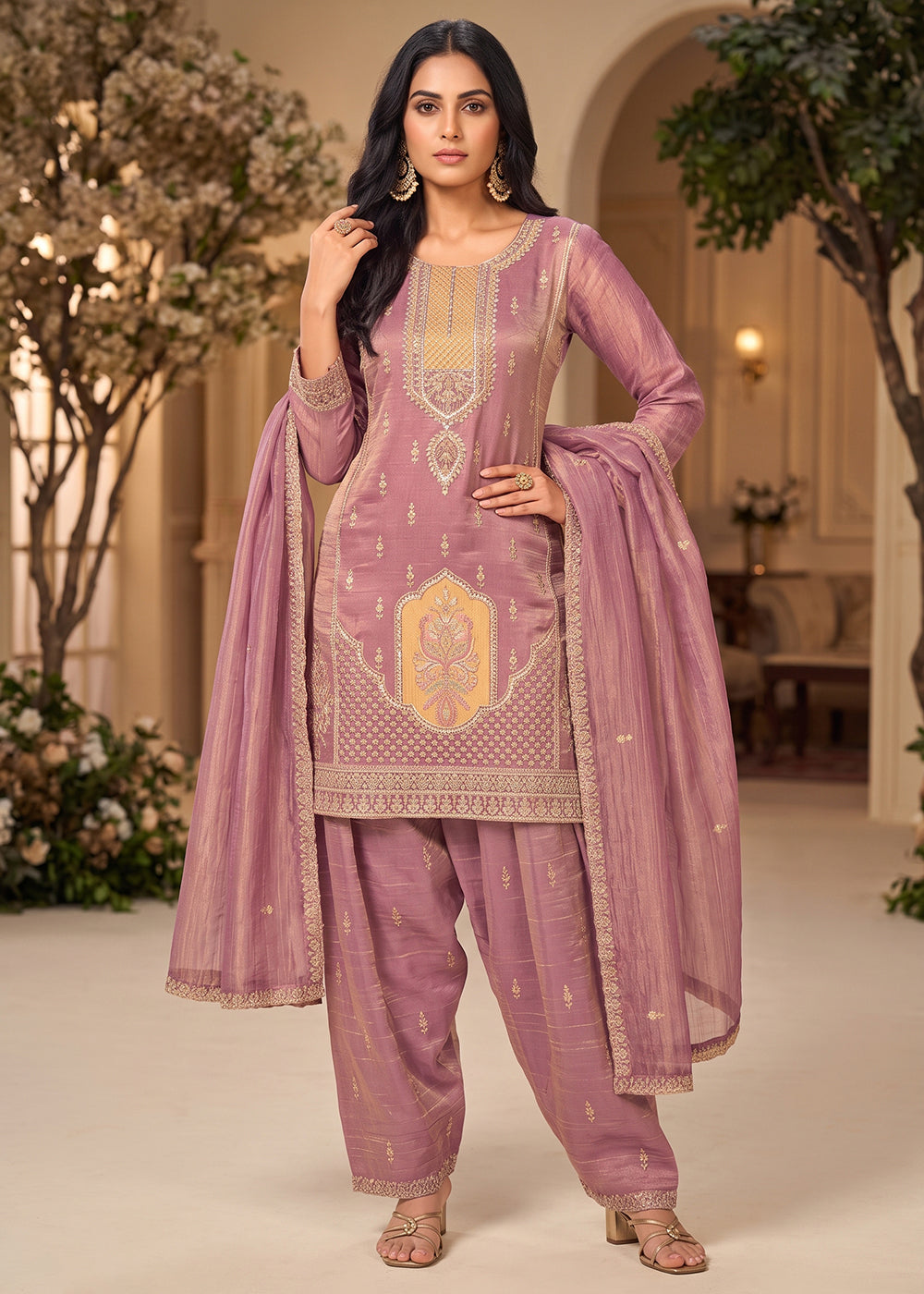 Buy Now Heavy Beads Pink Embroidered Palazzo Style Dress Online in US, UK, Canada, Netherlands, Germany, Italy, France, Greece, Austria &amp; Worldwide at Empress.