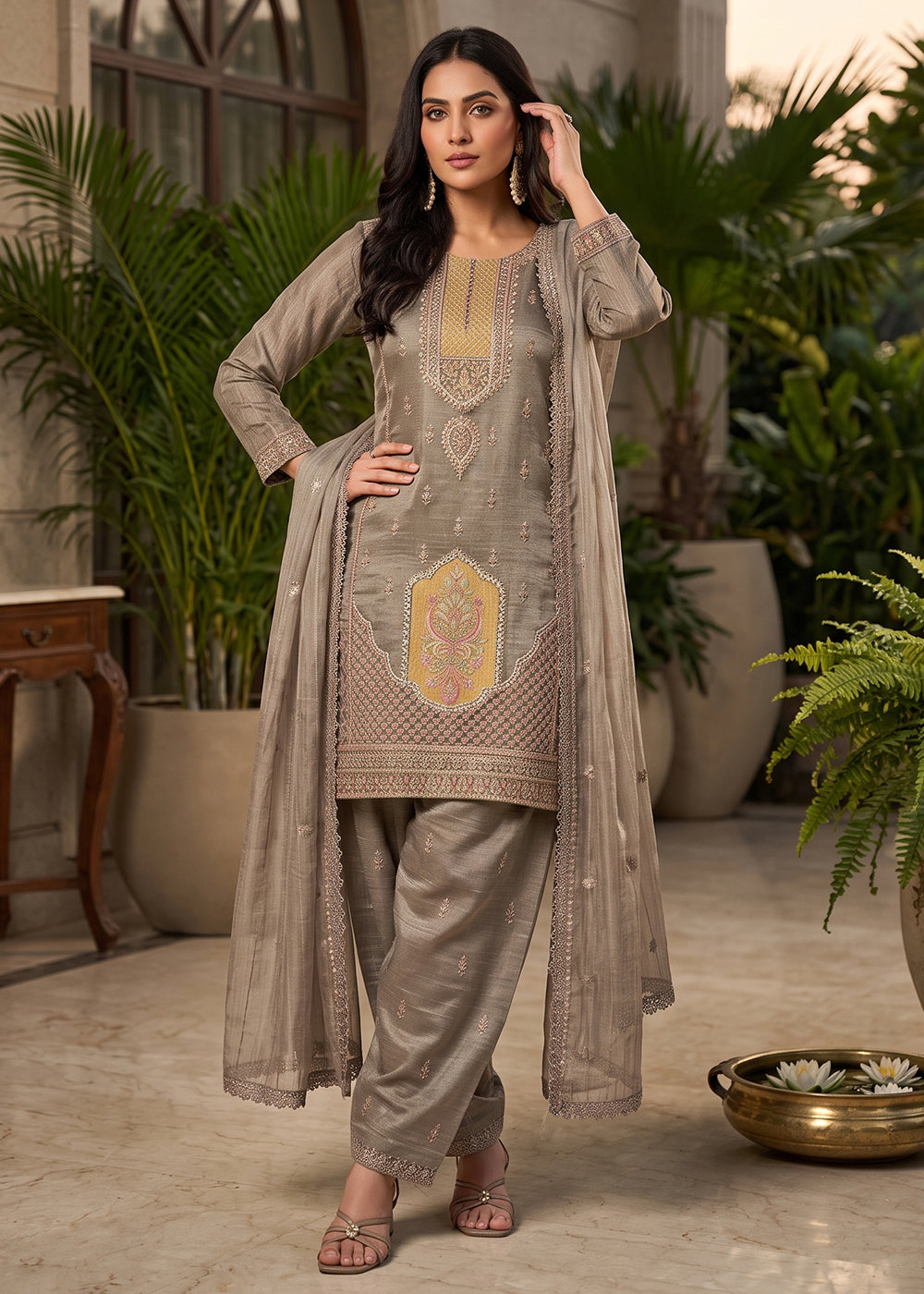 Buy Now Heavy Beads Grey Embroidered Palazzo Style Dress Online in US, UK, Canada, Netherlands, Germany, Italy, France, Greece, Austria &amp; Worldwide at Empress.