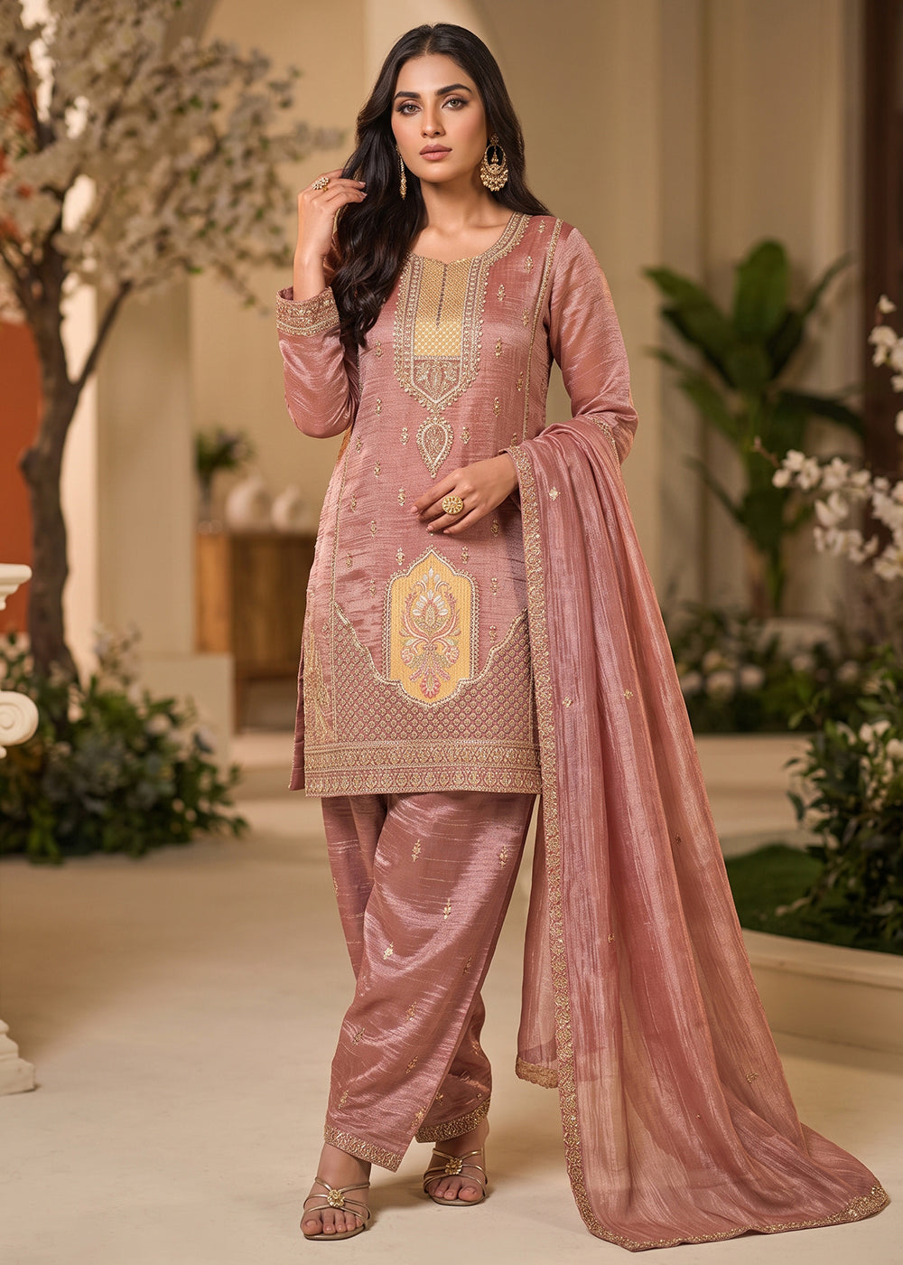 Buy Now Heavy Beads Peach Embroidered Palazzo Style Dress Online in US, UK, Canada, Netherlands, Germany, Italy, France, Greece, Austria &amp; Worldwide at Empress.