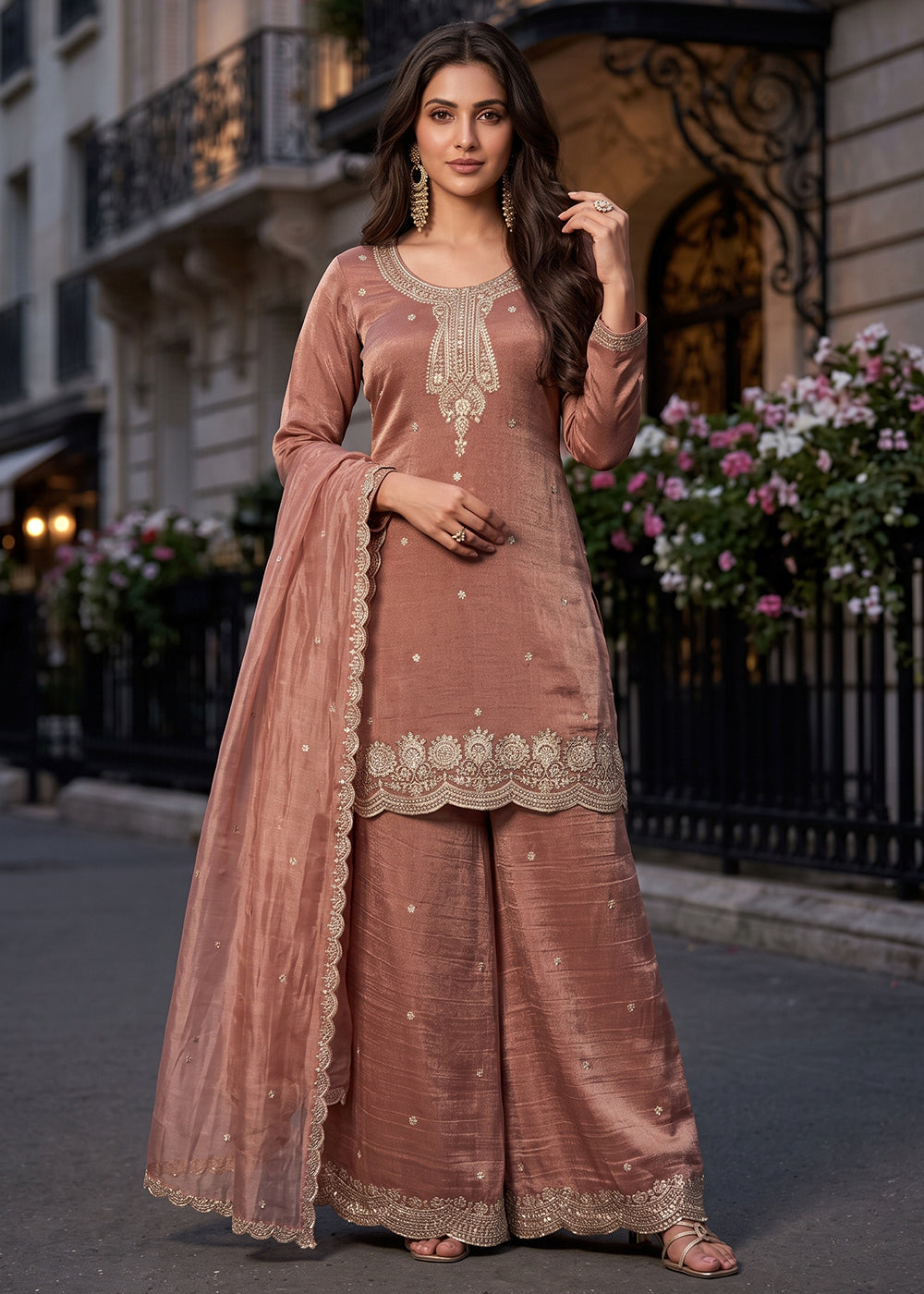 Buy Now Pink Salsa Silk Embroidered Palazzo Style Dress Online in US, UK, Canada, Netherlands, Germany, Italy, France, Greece, Sweden &amp; Worldwide at Empress.
